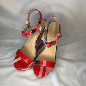 Shoe Dazzle Red, White & Blue Wedge Shoes